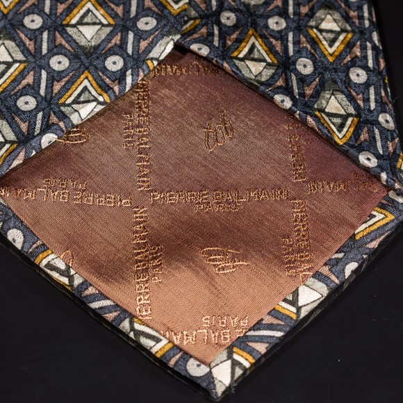 Pierre Balmain 100% Silk Tie Navy Brown Geometric Mens Luxury Necktie - Picture 5 of 5